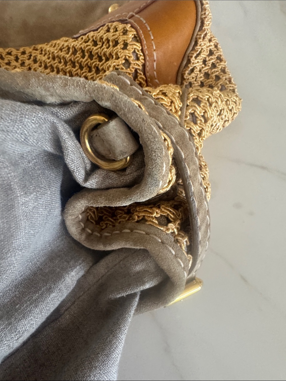 Prada Yellow Crochet Shoulder Bag with Taupe Leather Trim and shopping bag - Picture 12 of 16